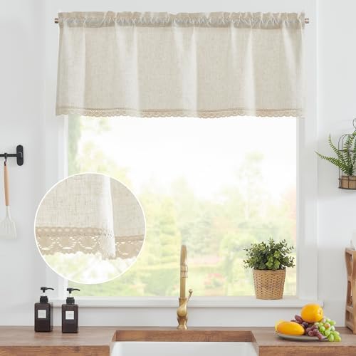 jinchan Linen Lace Trim Valance Curtain 16 Inches Rod Pocket Crude 1 Panel - Image 3