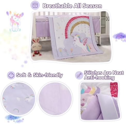 Mini Girl Crib Bedding Set, 3 Piece Unicorn Mini Crib Comforter Set, Baby Girl - Image 3
