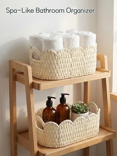 Coeusy Paper Rope Scalloped Basket Set of 2, Hand-woven Storage Baskets - Image 2