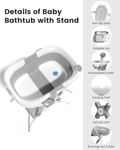 Baby Bathtub with Stand, 2-in-1 Collapsible Bath Tubs - Image 4