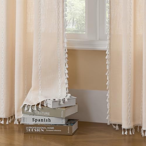 MitoVilla Cream Boho Farmhouse Living Room Curtains 63 Inch Length 2 Panels - Image 6