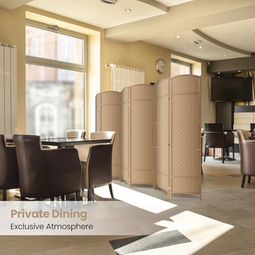6 Panel Folding Room Divider, Woven Privacy Screen, Light Beige - Image 6