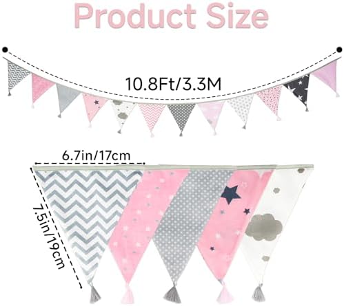 G2PLUS 10.8Ft Cotton Triangle Bunting Banner – 12pcs Pink and Grey Fabric - Image 2