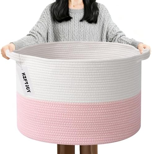 90L Extra Large Pink Woven Cotton Rope Basket by HZFTJOY