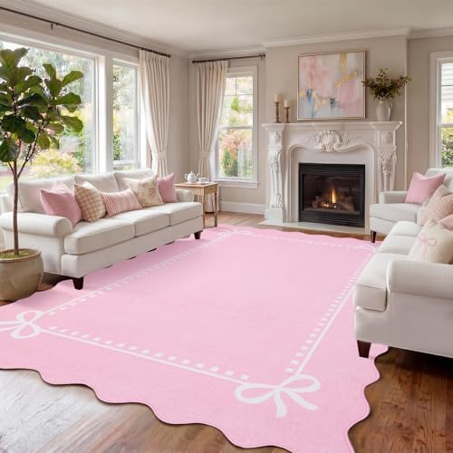 Garvee Scalloped Bow Rug for Living Room Washable Solid Pink 8x10 Area Rug - Image 2