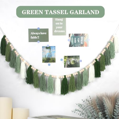 Green Boho Yarn Tassel Garland Sage Green Garland Wall Hanging Decor Forest - Image 2