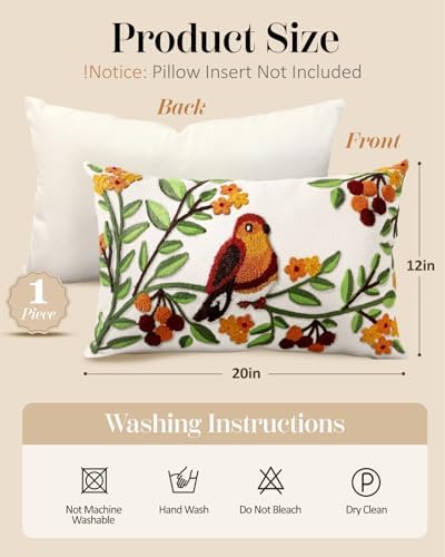 Embroidered Throw Pillow Cover, 20x12 Inch, Bird Branch - Image 4