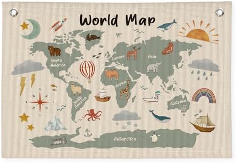 Wheatwin World Maps for Wall, Kids World Map Banner, Cute Animal World Map by Wheatwin