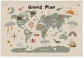 Wheatwin World Maps for Wall, Kids World Map Banner, Cute Animal World Map by Wheatwin