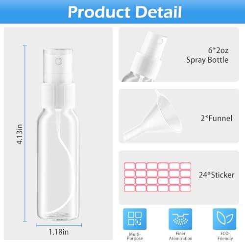 Zoizocp Spray Bottles, 2oz/50ml 6 Pack Clear Plastic Mini Travel Bottle Set - Image 3