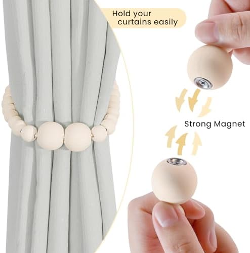 KLOGTSIND Magnetic Curtain Tiebacks, 2 Pack Wood Bead Curtain Holdbacks - Image 2