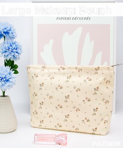 Flat Makeup Bag for Women, Zipper Cosmetic Pouch for Purse, Flower Beige - Image 5