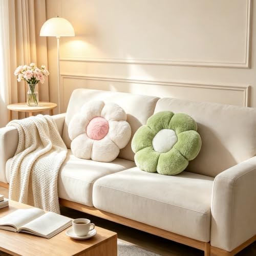 2 Pcs Flower Floor Cushions, Cute Green White Decorative Throw Pillows - Image 2