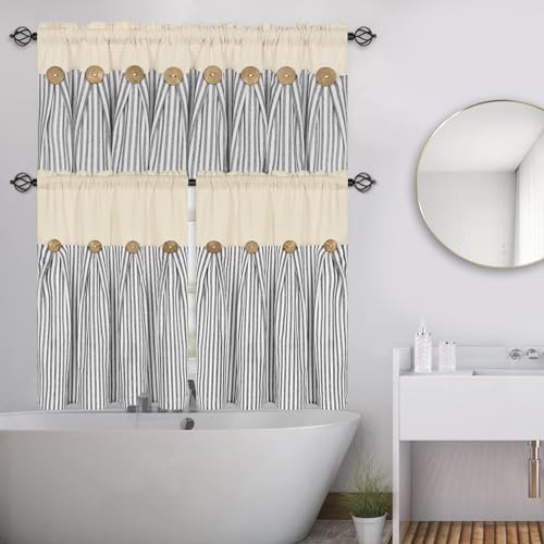 ASPMIZ Cotton Linen Farmhouse Kitchen Curtains, Boho Rustic Button Short Rod - Image 2