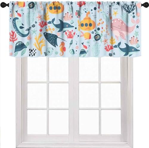 Blue Kids Curtains Valance, Cartoon Underwater Animals Sharks Turtles Nature by Unknown