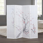 Roundhill Furniture White Japanese 4-Panel Screen Room Divider, Plum Blossom - Image 2