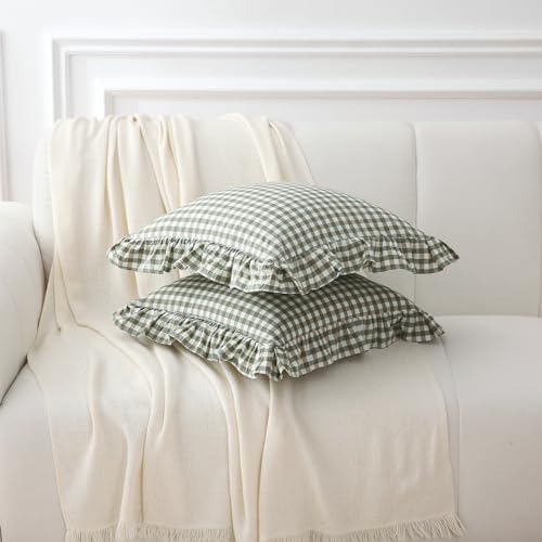 2 Pack Sage Green Gingham Ruffle Throw Pillow Covers 18''x18'' - Image 3