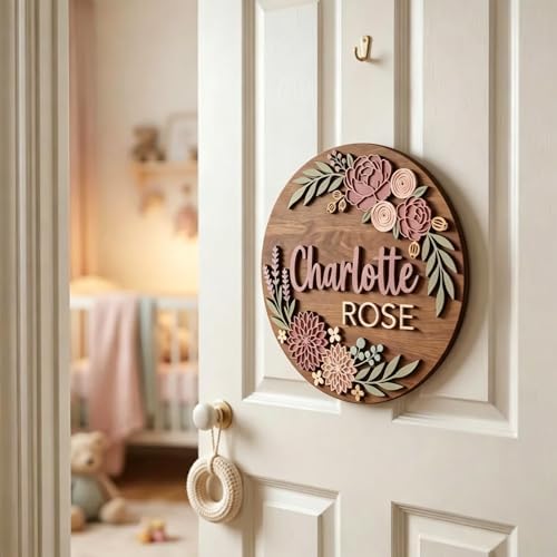 Personalized Wooden Nursery Name Sign, Custom Floral Baby Name Plaque, Round - Image 5