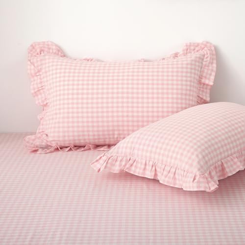 2 Pack Blush White Gingham Ruffle Pillow Shams King Size 20"x36" by KMASANIJI