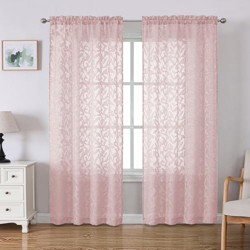 Lecloud Leia Blush Pink Sheer Curtains 72 Inches Long 2 Panels, Jacquard Leaf by Lecloud