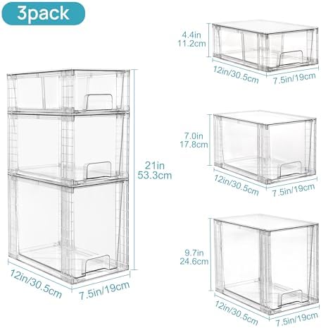 Vtopmart 3 Pack Clear Stackable Storage Drawers, Plastic Drawers - Image 3