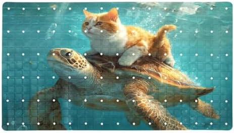 Bathtub Mat Non Slip 26.8x15.1In, Cat Riding Turtle Ocean Bath Mat by Anna+Cowper