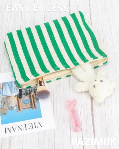Flat Makeup Bag for Women, Zipper Cosmetic Pouch for Purse, Stripe Green - Image 5
