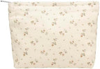 Flat Makeup Bag for Women, Zipper Cosmetic Pouch for Purse, Flower Beige by PAZIMIIK