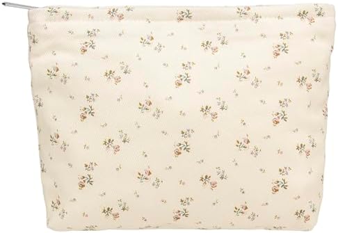 Flat Makeup Bag for Women, Zipper Cosmetic Pouch for Purse, Flower Beige by PAZIMIIK