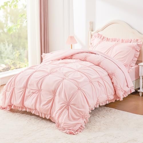 Twin Comforter Set for Girls, Boho Pintuck Bedding Comforter Sets, 4 Pieces by WOWELIFE