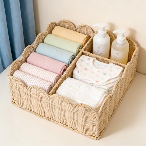 Rattan Divided Scalloped Basket, Wicker Diaper Caddy Scalloped Baske, Woven by Unknown