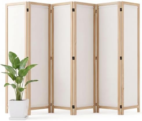 Wood Room Divider Panel with Linen Fabric, Boho Folding Privacy Screen 67" by Shinkael
