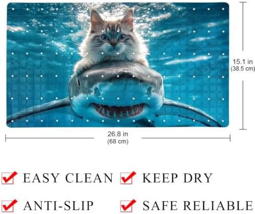 Bathtub Mat Non Slip 26.8x15.1In, Cat Riding Shark in Ocean Bath Mat - Image 4
