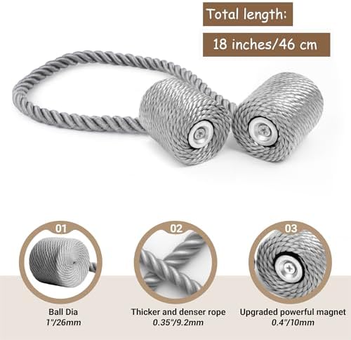Hion Magnetic Curtain Tiebacks Grey 6pcs, Curtain Holdbacks Hooks Holders - Image 2