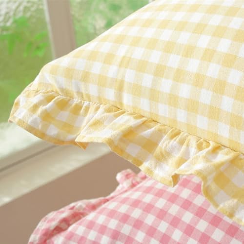 Set of 2 Yellow and White Ruffle Lumbar Pillow Covers 12x20 Inch, Gingham Plaid - Image 4