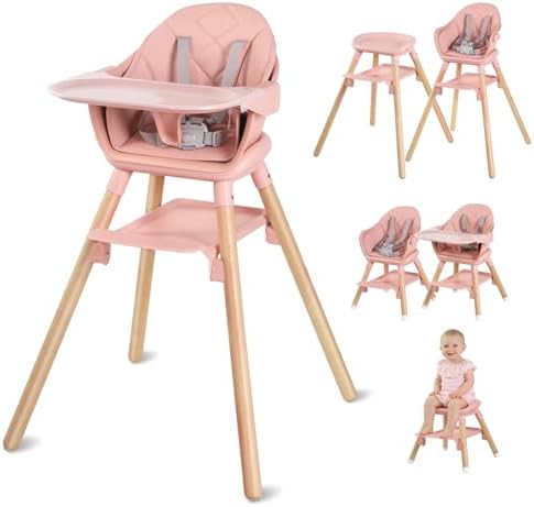 6 in 1 Baby High Chair, Convertible Wooden Baby Girl High Chair by RICUTON