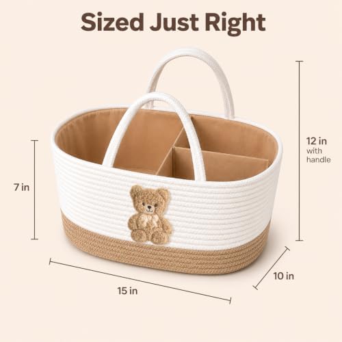 Baby Diaper Caddy Organizer, Teddy Bear Cotton Rope Nursery Basket - Image 3
