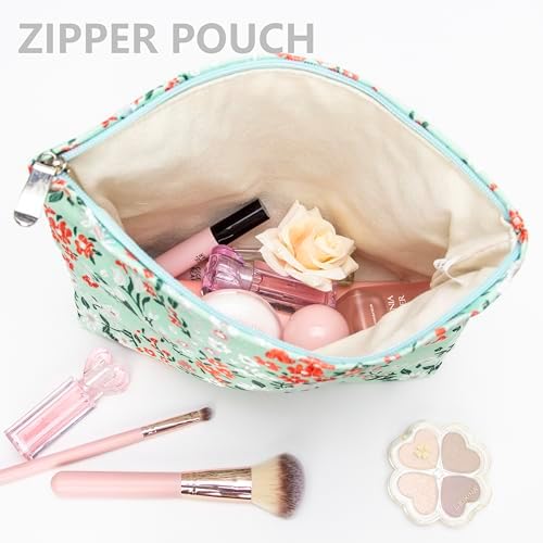 Flat Makeup Bag for Women, Zipper Cosmetic Pouch for Purse, Brocade Green - Image 3