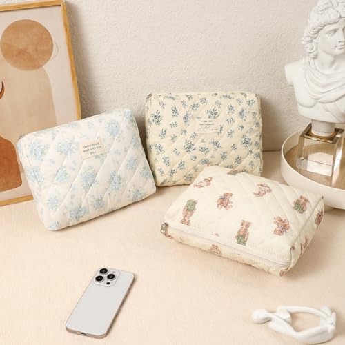 uekeboag 2Pcs Quilted Cotton Makeup Bag, Coquette Cosmetic Bag - Image 4