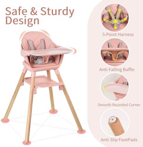 6 in 1 Baby High Chair, Convertible Wooden Baby Girl High Chair - Image 2