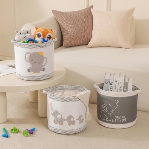 3-Piece Woven Baby Toy Blanket Storage Baskets Laundry Hampers, Elephant Design - Image 3