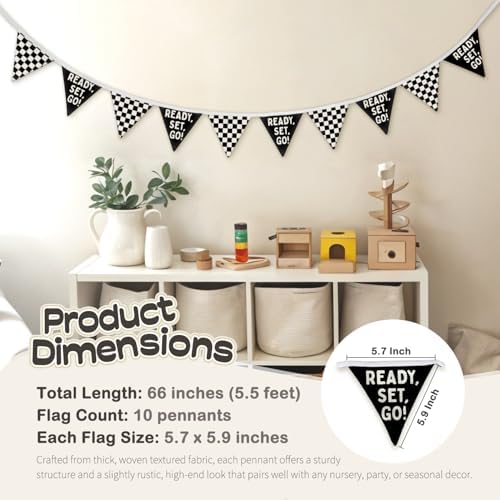 Race Car Room Decor for Boys Canvas Linen Garland Triangle Banners, Ready Set - Image 5