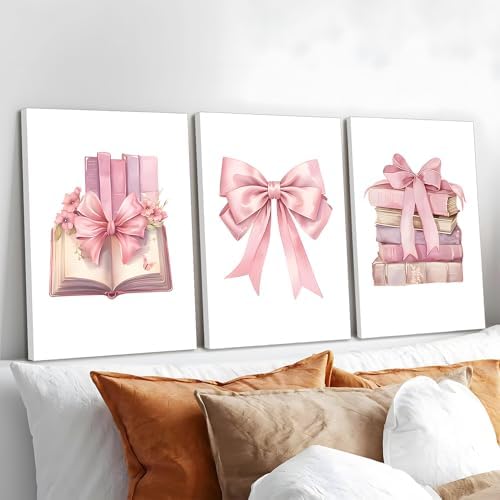 JBZZD Coquette Pink Bow Canvas Wall Art Set of 3, Book Lovers Gifts Preppy - Image 2