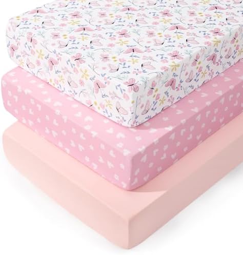 PHF 3 Pack Soft Butterfly Crib Sheets Fitted, Comfy Breathable Baby Sheets by PHF