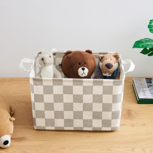 Ohocut Beige Khaki Checkered Canvas Basket, Rectangular Organizing Decorative - Image 4