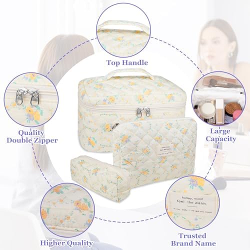 Gosect Quilted Makeup Bag Set, Large Floral Cosmetic Bag - Image 3