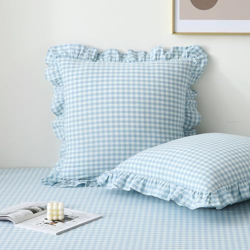 2 Pack Light Blue White Gingham Euro Pillow Shams 26''x26'' by KMASANIJI