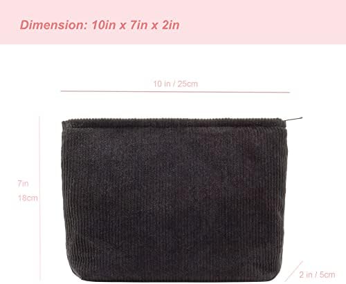 Flat Makeup Bag for Women, Zipper Cosmetic Pouch for Purse, Corduroy Black - Image 2
