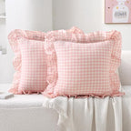 2 Pack Blush White Gingham Ruffle Throw Pillow Covers 18''x18'' by KMASANIJI