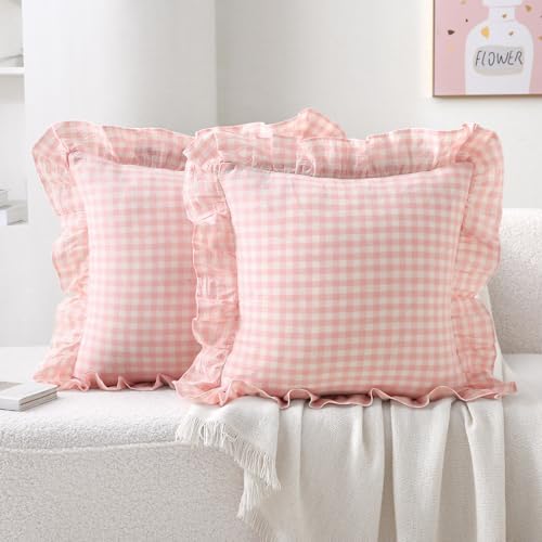 2 Pack Blush White Gingham Ruffle Throw Pillow Covers 18''x18'' by KMASANIJI